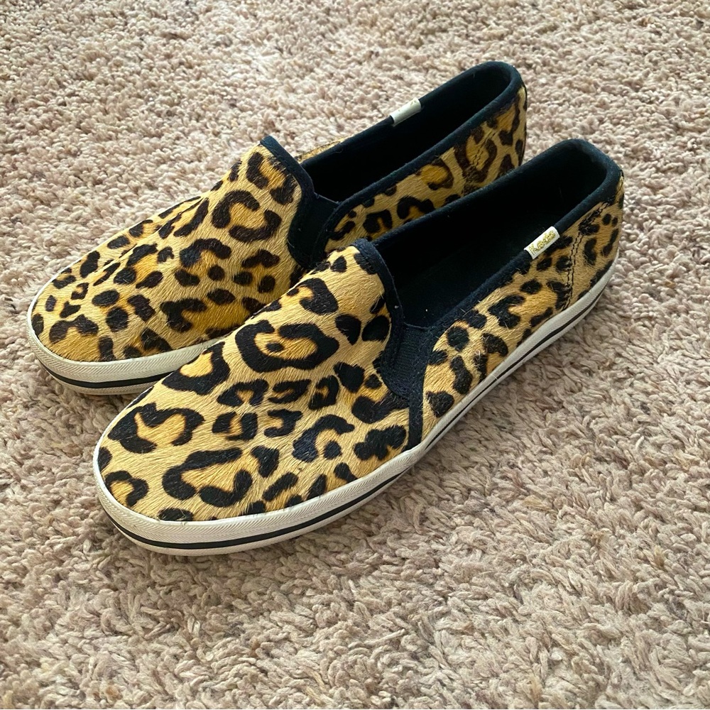 Keds x kate spade leopard print calf hair champion slip on sneakers